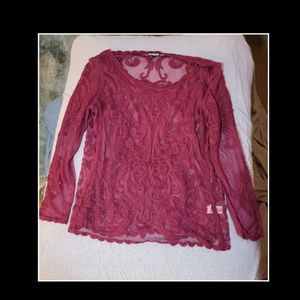 Sheer Burgundy/wine Lace Long Sleeve Shirt